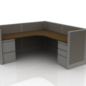 U-shaped office cubicle with a wooden top and gray pedestal drawers on both sides.