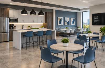 Office Breakroom with blue chairs, a round table, and a white countertop