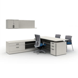 Zira Height Adjustable L Shape Desk with Wall Mounted Hutch and Shelf