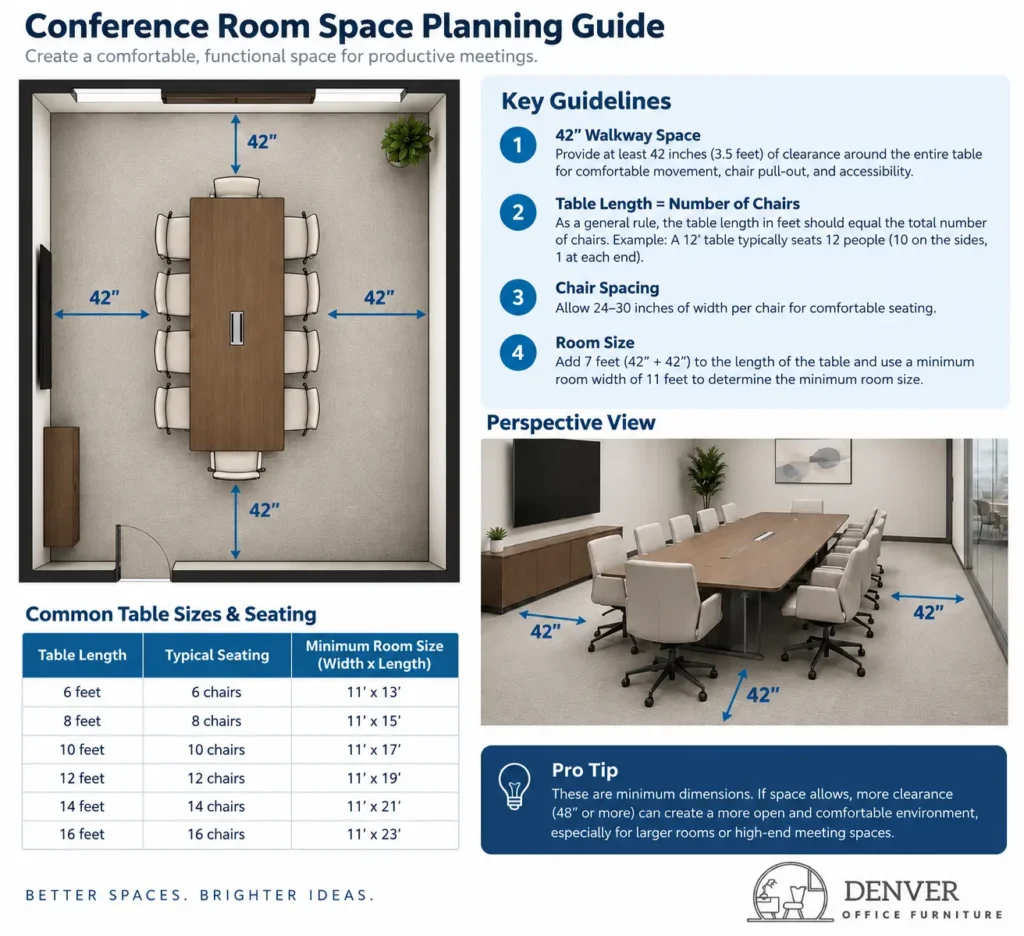 An infographic including how to plan spacing for a conference room table.